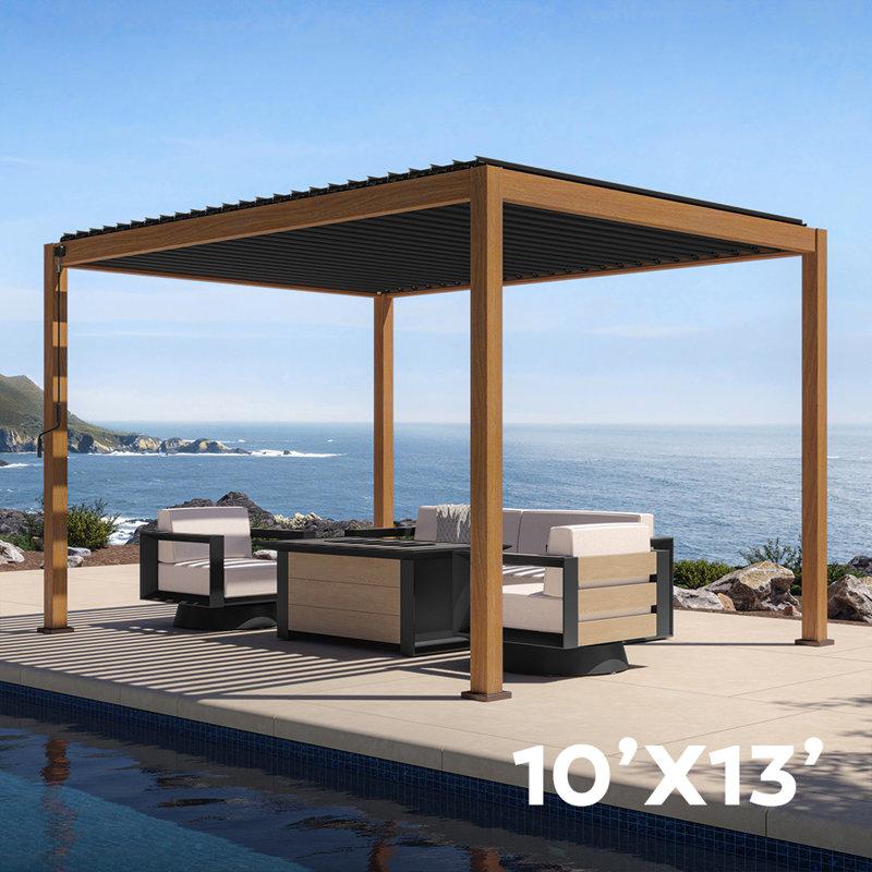 Wayfair 111S Takasho Wood Grain Aluminum Pergola With Adjustable Rainproof Louver