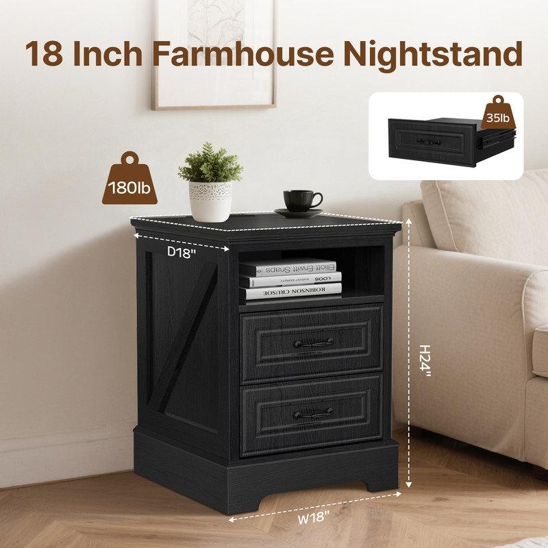 Wayfair 18"W Farmhouse Nightstand Bedroom Storage Cabinet Modern End Table With Charging Station Open Compartments And 2 Drawers Suitable For Bedroom Living Room And Office Black