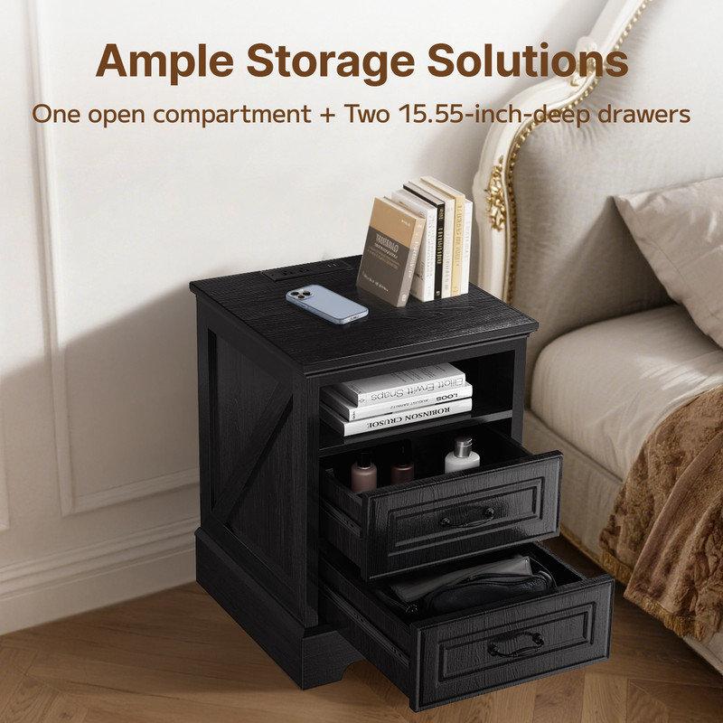 Wayfair 18"W Farmhouse Nightstand Bedroom Storage Cabinet Modern End Table With Charging Station Open Compartments And 2 Drawers Suitable For Bedroom Living Room And Office Black