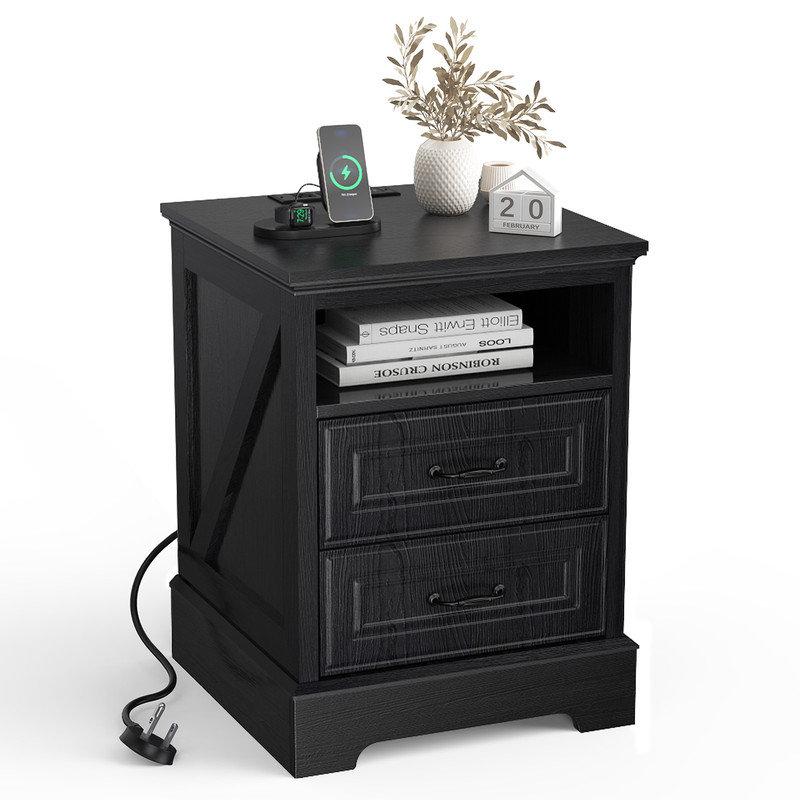 Wayfair 18"W Farmhouse Nightstand Bedroom Storage Cabinet Modern End Table with Charging Station Open Compartments and 2 Drawers suitable for Bedroom Living room and Office Black