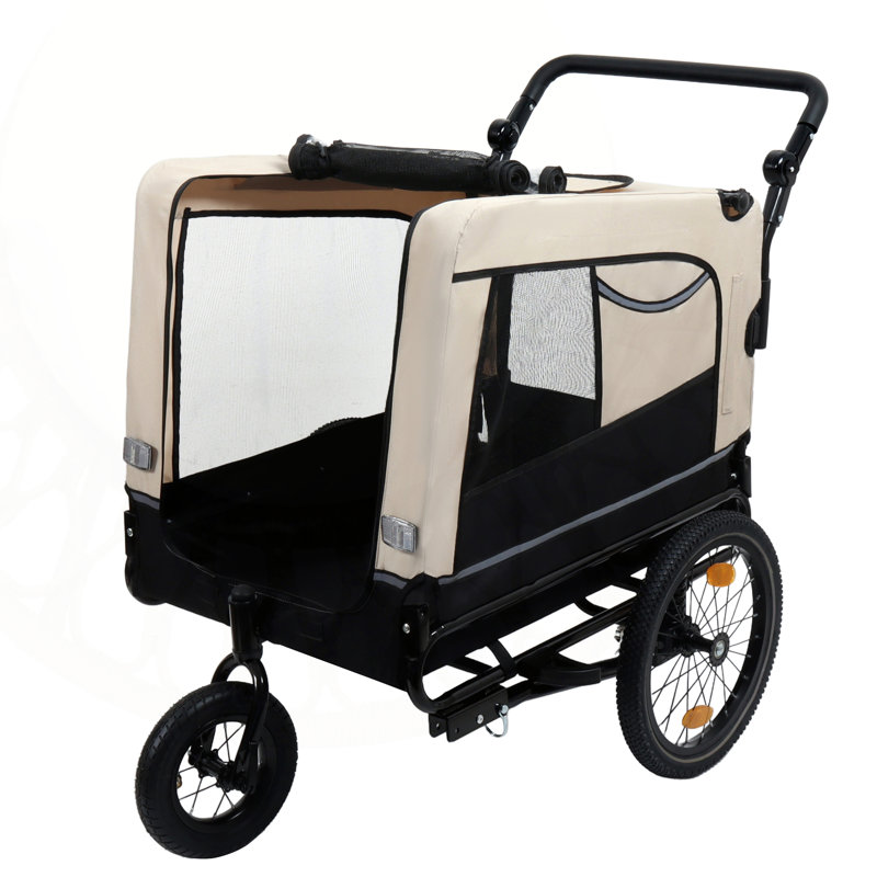 Wayfair 2-in-1 Bike Trailer & Push Cart For Pets - Detachable Hitch All-Terrain Wheels Quick Release Non-Slip Floor Internal Leash 88 Lbs Capacity Black-Beige