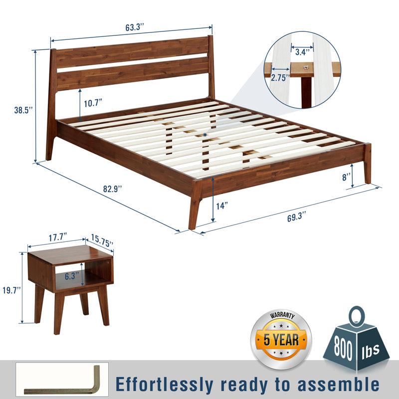 Wayfair 2-Pcs Bedroom Set – Solid Wood Platform Bed Frame & Matching Nightstand Mid-Century Modern Scandinavian 800 Lbs Capacity No Box Spring Needed