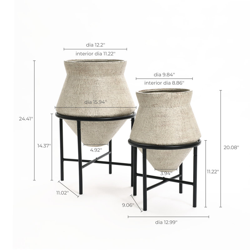 Wayfair 2-Piece Beige Cachepot Planter Cauldron Set With Black Stands (Set Of 2)