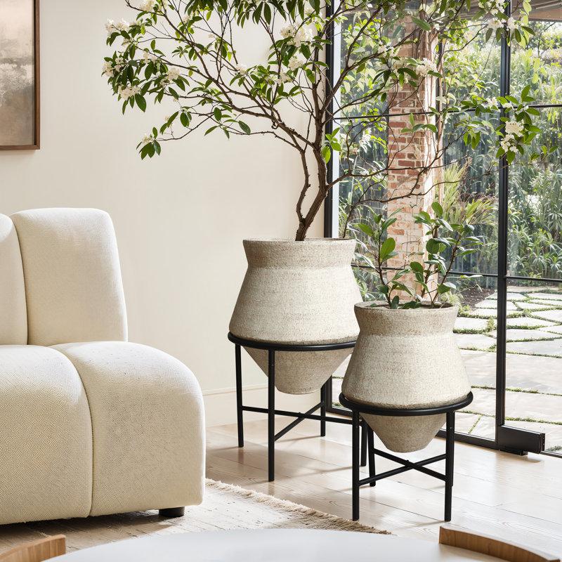 Wayfair 2-Piece Beige Cachepot Planter Cauldron Set with Black Stands (Set of 2)