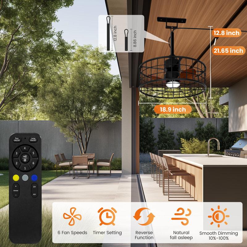 Wayfair 20" Waterproof Outdoor Caged Black Ceiling Fan With Dimmable LED Lights And Remote Control Wet Rated Ceiling Fan With 3 Color LED Light