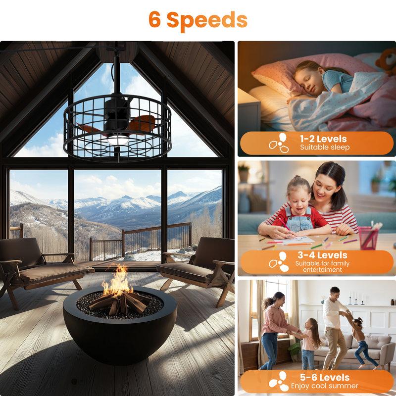 Wayfair 20" Waterproof Outdoor Caged Black Ceiling Fan With Dimmable LED Lights And Remote Control Wet Rated Ceiling Fan With 3 Color LED Light