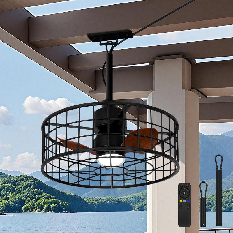 Wayfair 20" Waterproof Outdoor Caged Black Ceiling Fan with Dimmable LED Lights and Remote Control Wet Rated Ceiling Fan with 3 Color LED Light