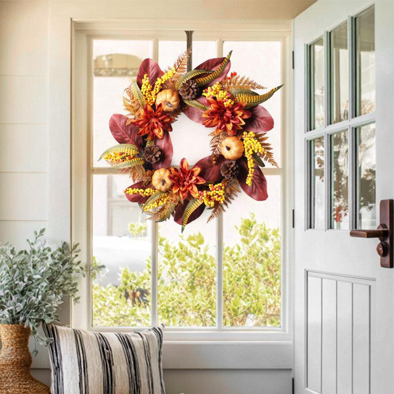 Wayfair 24'' Fall Harvest Wreath With Pumpkins Pinecones & Autumn Leaves – Thanksgiving Front Door Decoration