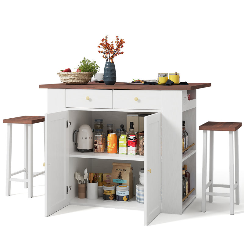 Wayfair 3 Pieces Kitchen Island Set With Storage Cabinet Drawers And 2 Stools