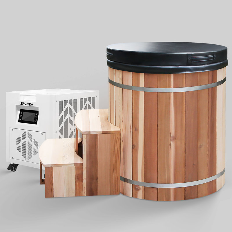 Wayfair 36" Cold Plunge Ice Bucket With Cooler And Heater Natural Cedar Filtered Circulation System Insulated Lid 304 Stainless Steel Interior Ozone Purification