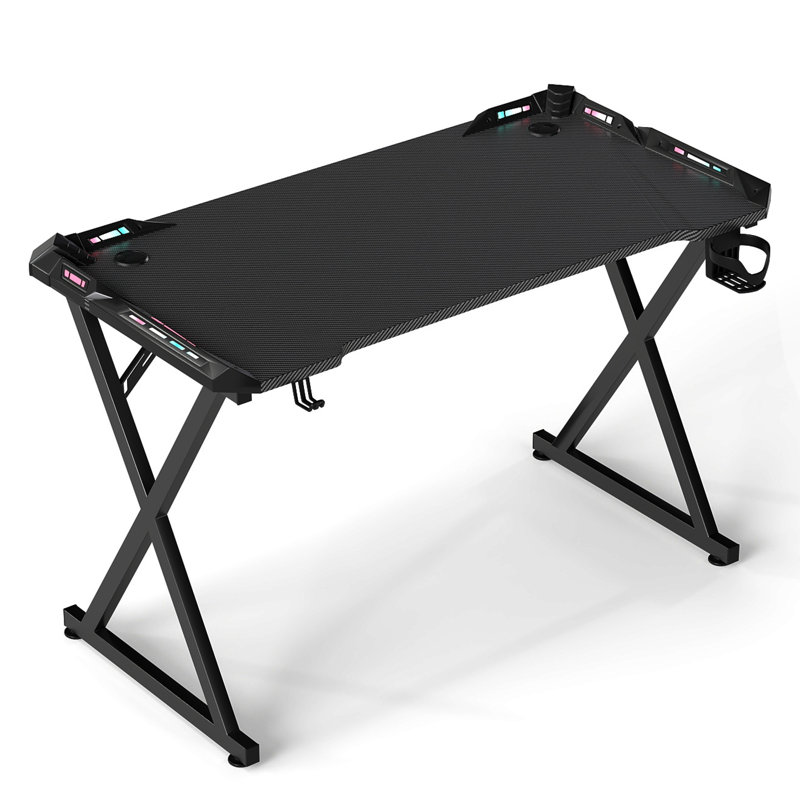 Wayfair 47 Inch Fiber Surface Gaming Desk With LED Lights Computer Gaming Desk Table With Cup Holder Headphone Hook Mouse Pad Carbon