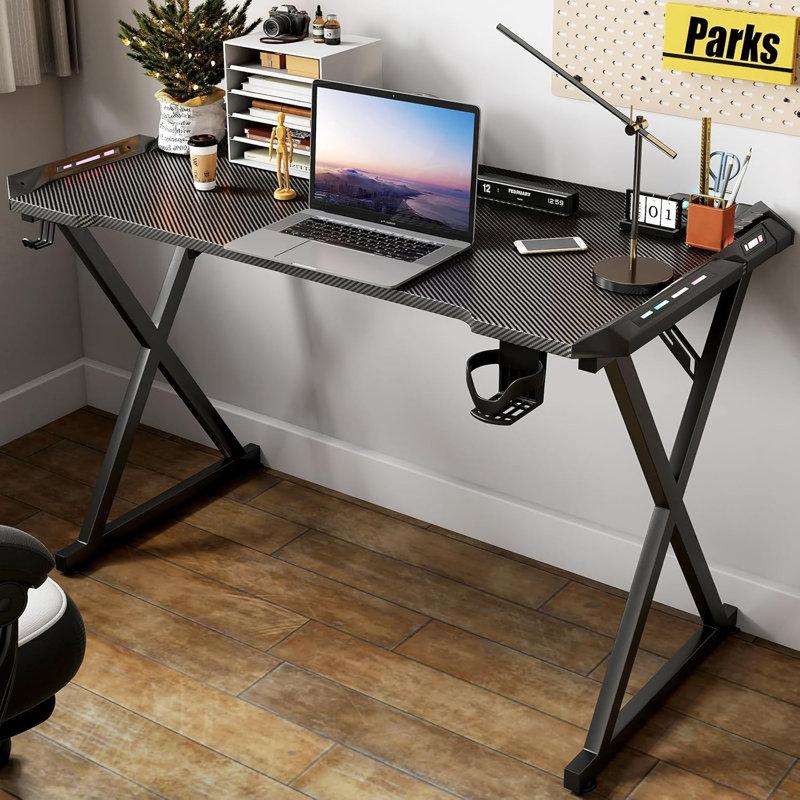 Wayfair 47 Inch Fiber Surface Gaming Desk With LED Lights Computer Gaming Desk Table With Cup Holder Headphone Hook Mouse Pad Carbon