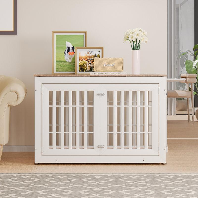 Wayfair 48" Heavy Duty Dog Crate Furniture For Small Medium And Large Dogs Rustic Wooden Dog Cage Kennel Indoor Furniture With Waterproof Top Decorative Pet House Side End Table (white & Wood)