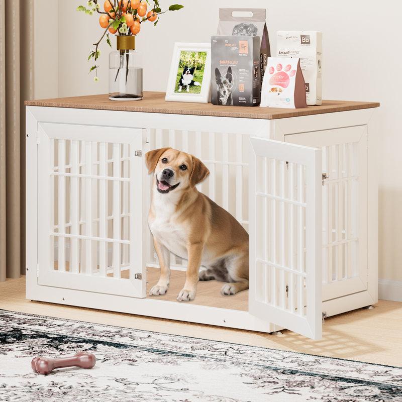 Wayfair 48" Heavy Duty Dog Crate Furniture For Small Medium And Large Dogs Rustic Wooden Dog Cage Kennel Indoor Furniture With Waterproof Top Decorative Pet House Side End Table (white & Wood)