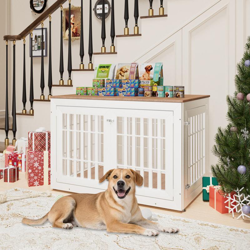 Wayfair 48" Heavy Duty Dog Crate Furniture For Small Medium And Large Dogs Rustic Wooden Dog Cage Kennel Indoor Furniture With Waterproof Top Decorative Pet House Side End Table (white & Wood)