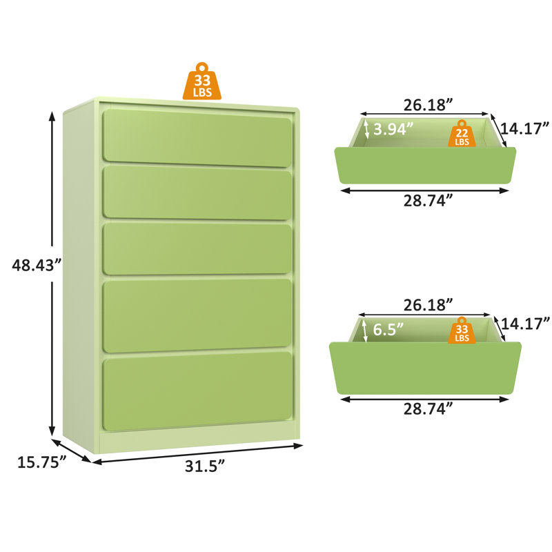 Wayfair 5-Drawer Dresser With Round Corner In Green