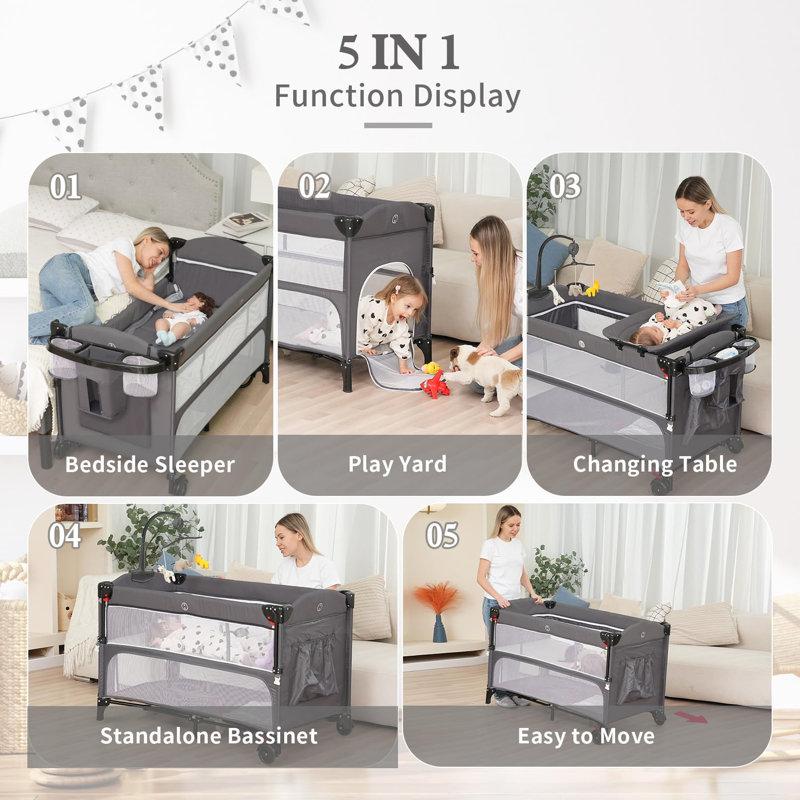 Wayfair 5 In 1 Baby Bassinet Bedside Sleeper Pack And Play Bassinet With Diaper Changer/Mattress/Music Bedside Crib With Storage Playard With Bassinet From Newborn To Toddler