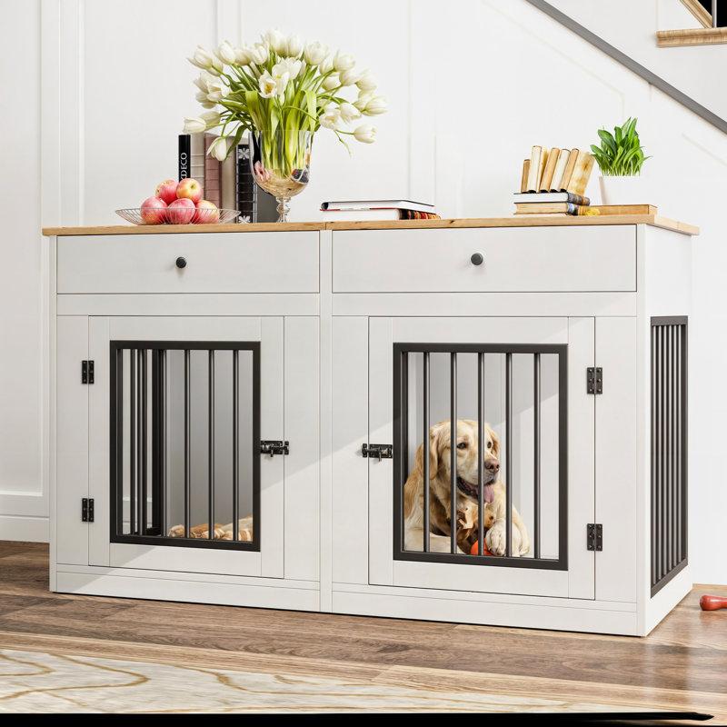 Wayfair 60"W Wooden Large Double Dog Crate Furniture With Removable Divider Drawers