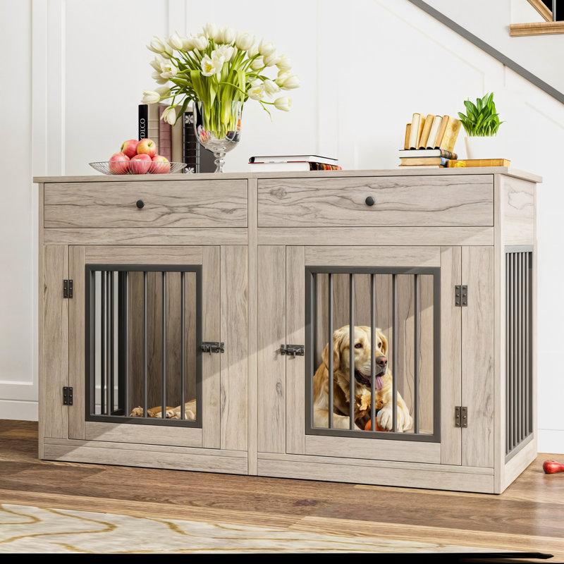 Wayfair 60"W Wooden Large Double Dog Crate Furniture With Removable Divider Drawers