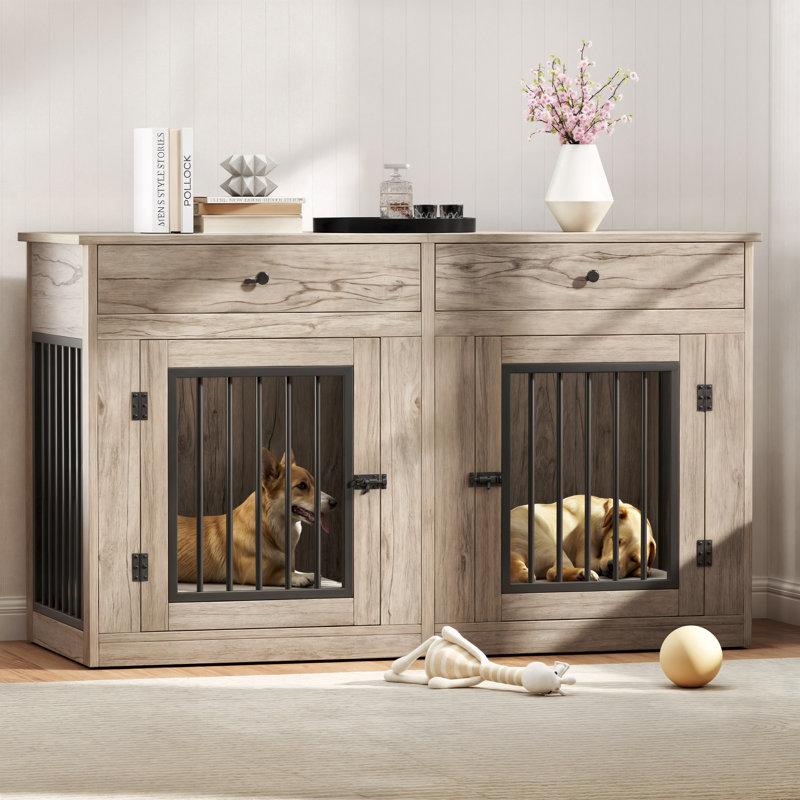 Wayfair 60"W Wooden Large Double Dog Crate Furniture with Removable Divider Drawers