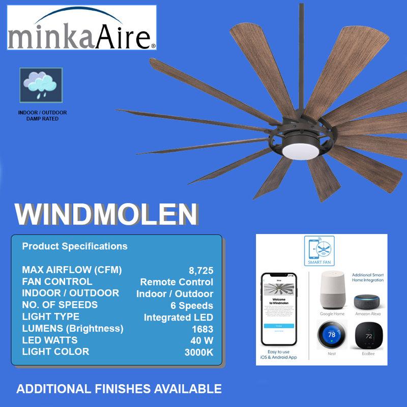 Wayfair 65" 12 - Blade Outdoor LED Smart Windmill Ceiling Fan With Remote Control And Light Kit Included