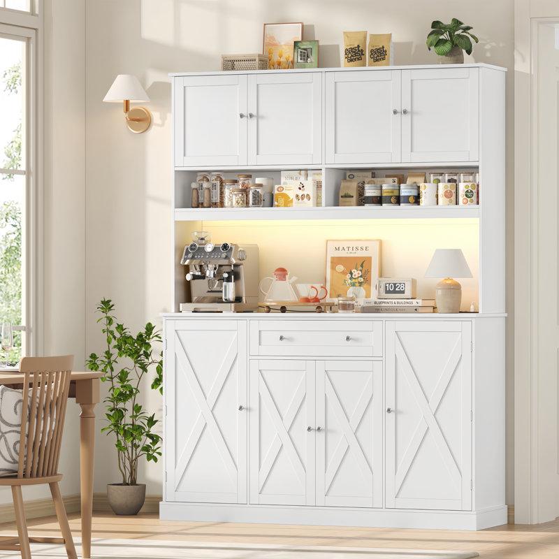 Wayfair 72.8" H X 55.1" W Kitchen Pantry Cabinet With Led Lighting And Built-in Power Outlet Microwave Stand & Adjustable Shelves