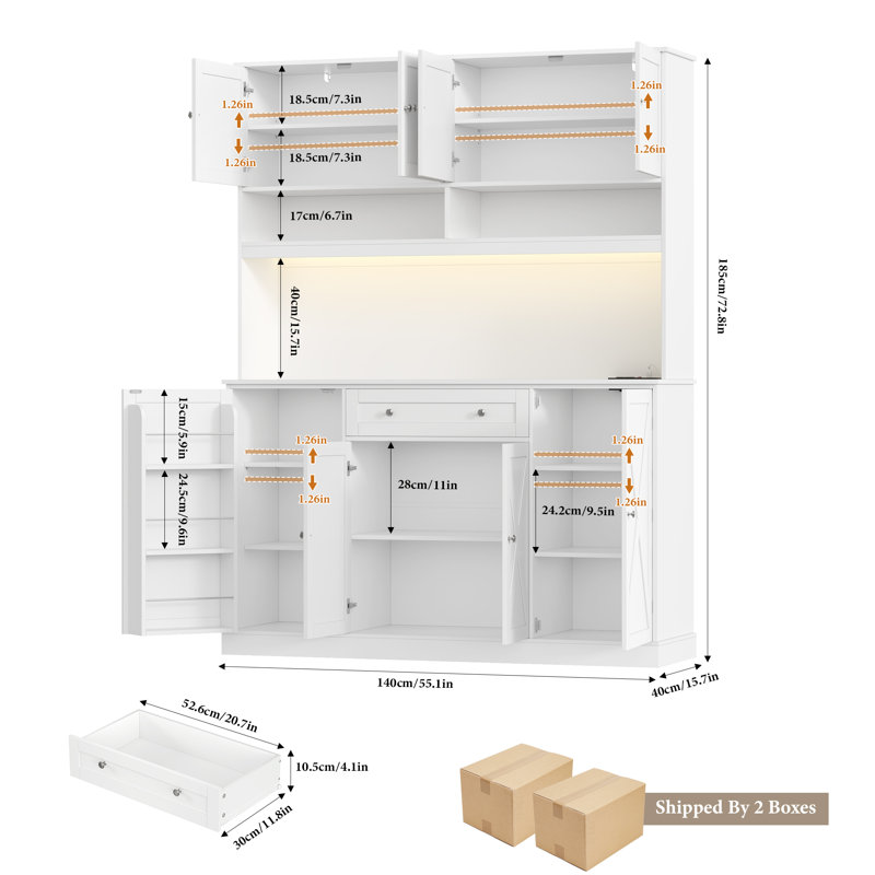 Wayfair 72.8" H X 55.1" W Kitchen Pantry Cabinet With Led Lighting And Built-in Power Outlet Microwave Stand & Adjustable Shelves