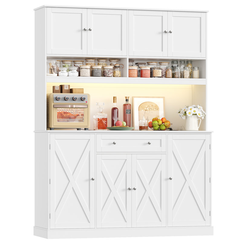 Wayfair 72.8" H X 55.1" W Kitchen Pantry Cabinet With Led Lighting And Built-in Power Outlet Microwave Stand & Adjustable Shelves