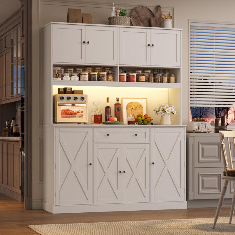 Wayfair 72.8" H X 55.1" W Kitchen Pantry Cabinet With Led Lighting And Built-in Power Outlet Microwave Stand & Adjustable Shelves
