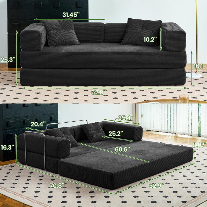 Wayfair 81.6" King Size Convertible Sleeper Sofa Bed With 2 Pillows Corduroy Folding Mattress Couch Removable And Washable Sofa Floor Sofa Lounge Couch For Living Room Small Spaces