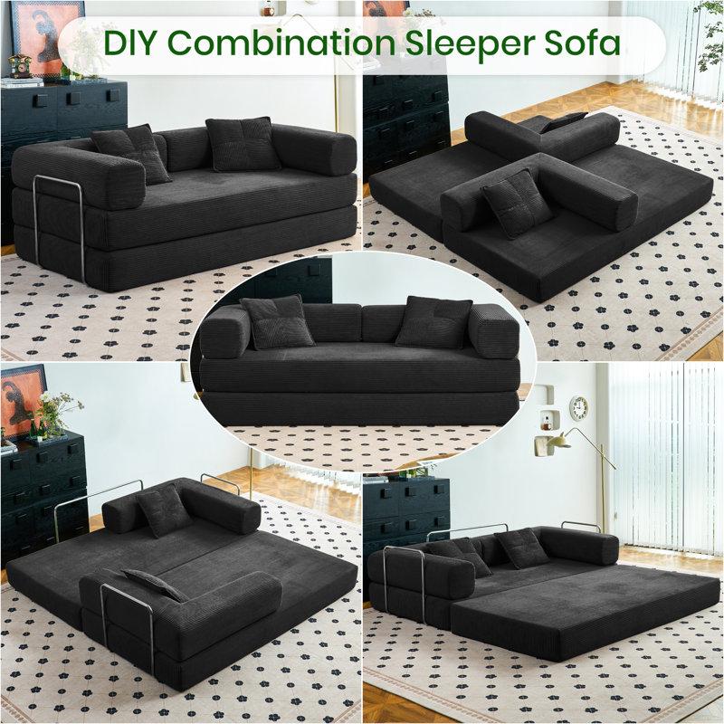 Wayfair 81.6" King Size Convertible Sleeper Sofa Bed With 2 Pillows Corduroy Folding Mattress Couch Removable And Washable Sofa Floor Sofa Lounge Couch For Living Room Small Spaces