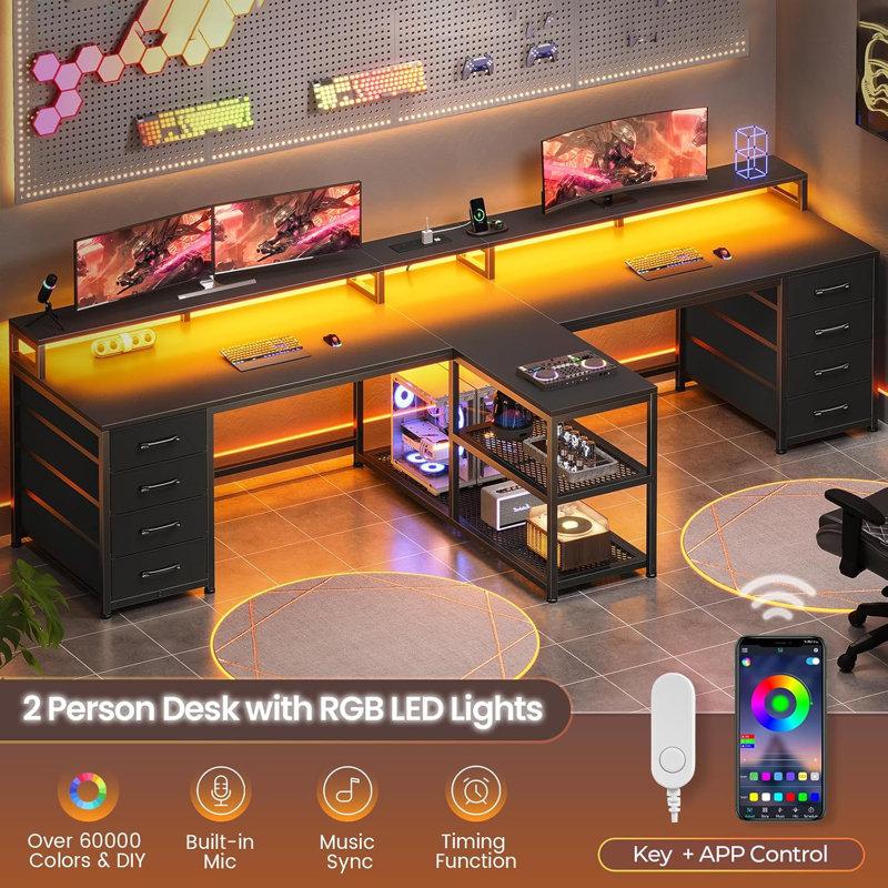 Wayfair 94.5" 2 Person Gaming Desk Long Office Computer Desk With 8 Drawers & Led Lights