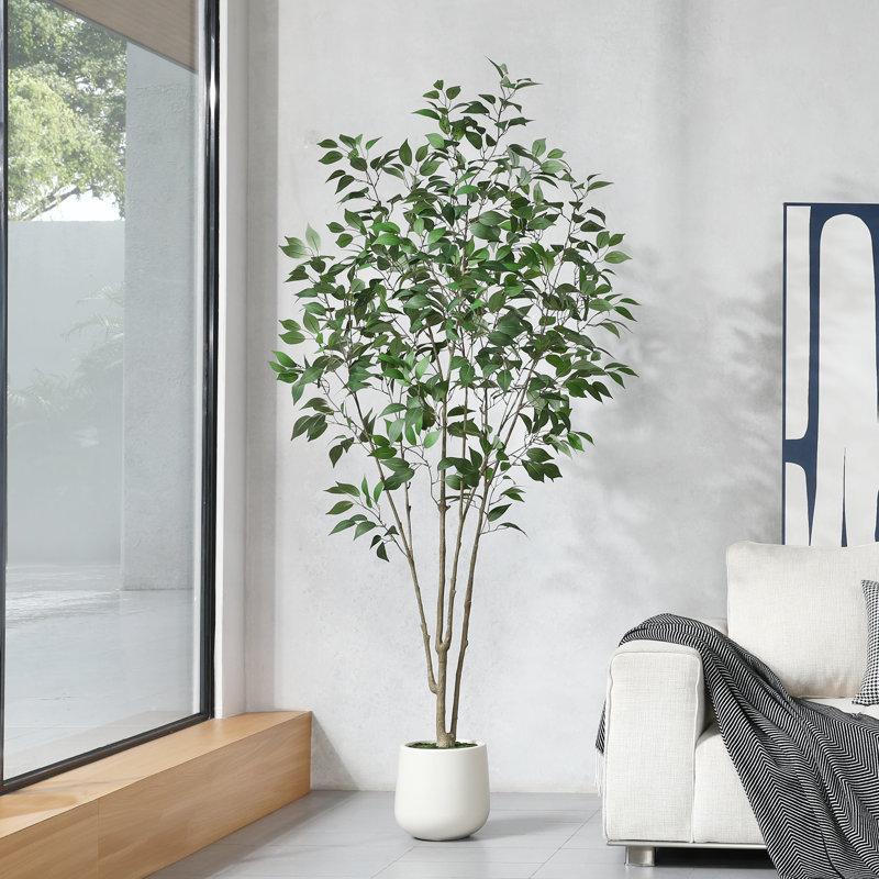 Wayfair Adcock Faux Ficus Tree with Round White Planter Pre Potted Faux Greenry Ficus Plant for Home Decor