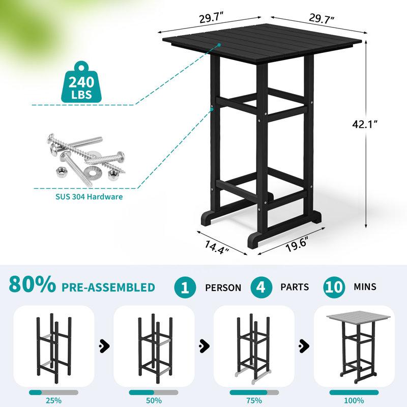 Wayfair All-Weather HDPE Outdoor Bar Table – 42" Tall Square Patio Pub Table With Footrest Weather-Resistant Faux Wood Grain Finish Indoor/Outdoor Use – Black