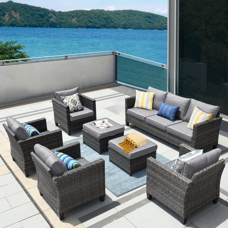 Wayfair Allcot 7 - Person Wicker Rattan Patio Furniture Set with Throw Pillows Outdoor Sofa Set with Couch Chairs Ottomans and Comfy Cushions