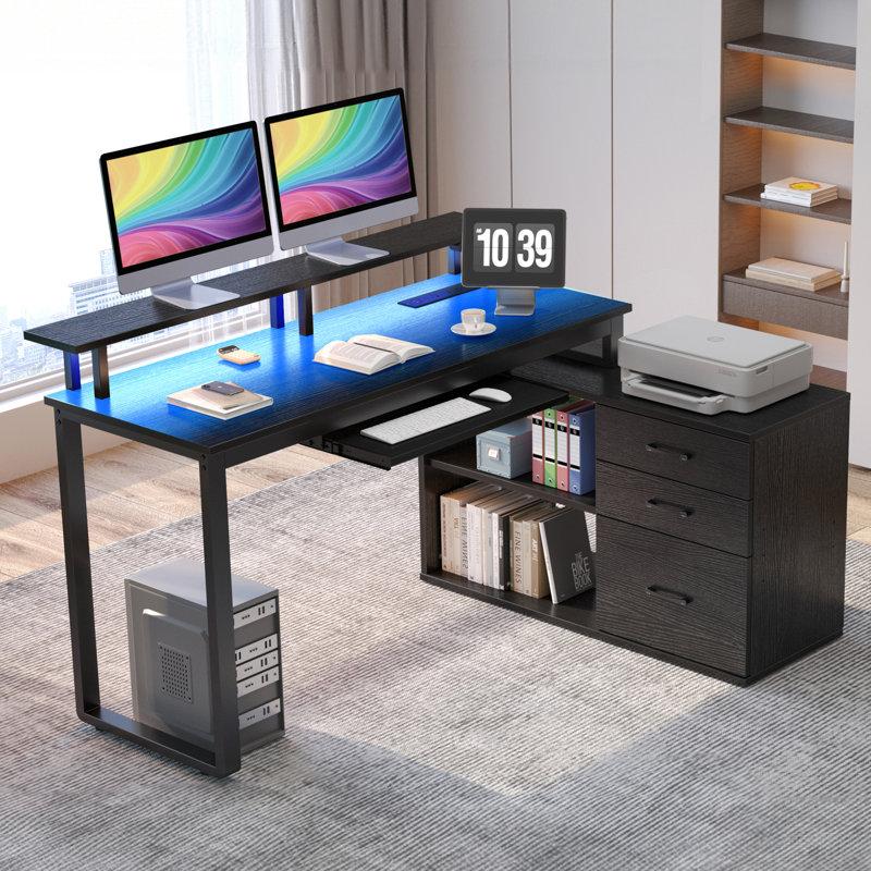 Wayfair Ameliore 55.1" L Shaped Computer Desk With File Drawer LED Lights And Keyboard Tray