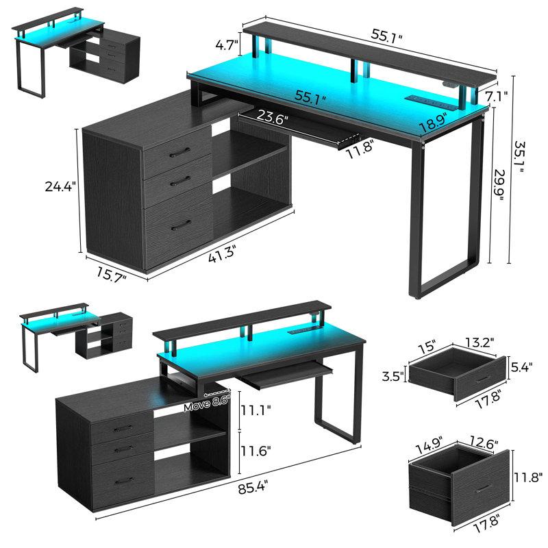 Wayfair Ameliore 55.1" L Shaped Computer Desk With File Drawer LED Lights And Keyboard Tray