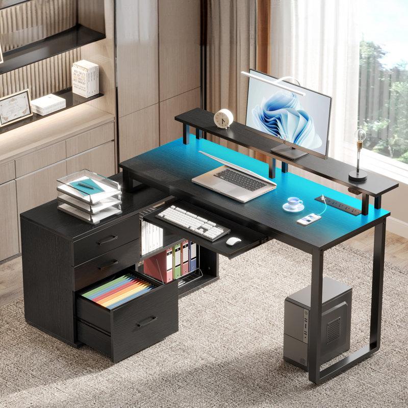 Wayfair Ameliore 55.1" L Shaped Computer Desk with File Drawer LED Lights and Keyboard Tray