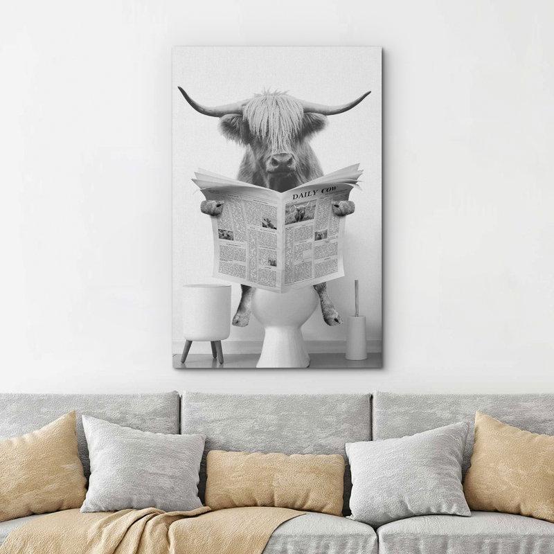 Wayfair Animals Funny Bathroom Decor Black And White Highland Cow Sit On Toilet Large Framed Canvas Print Wall Art