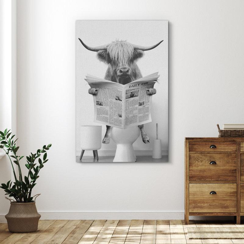 Wayfair Animals Funny Bathroom Decor Black And White Highland Cow Sit On Toilet Large Framed Canvas Print Wall Art