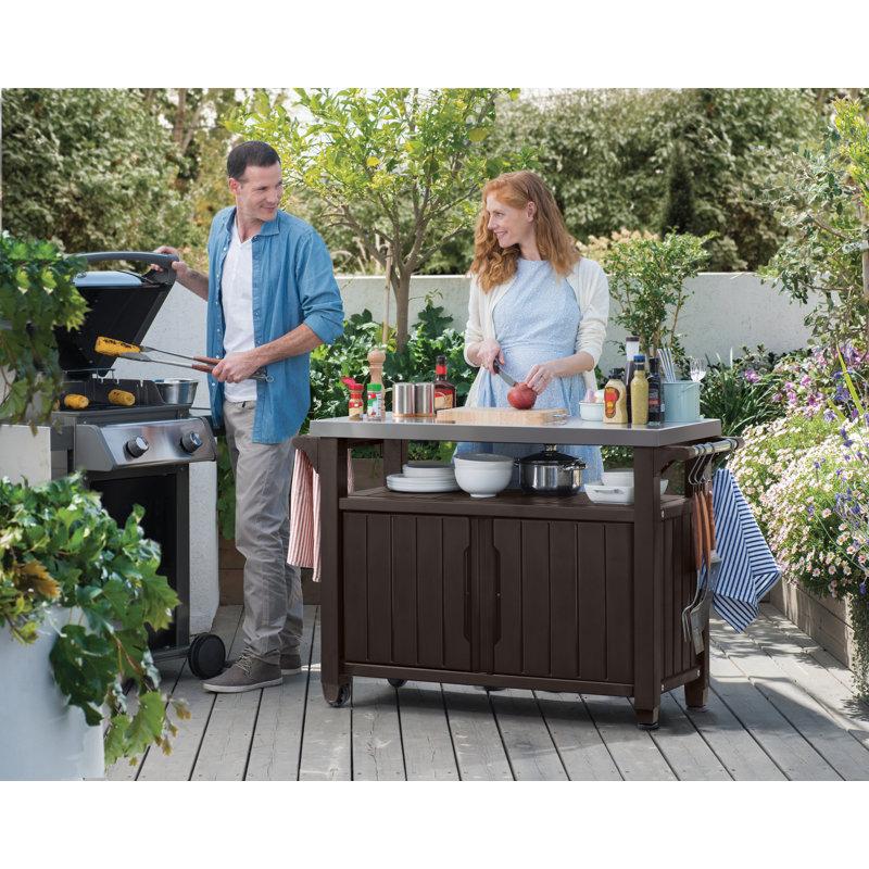 Wayfair Arrilla Bar Cart Portable Outdoor Table Made Of Durable Wood-look Resin And Stainless Steel Countertop Ideal For Kitchen Prep And Grilling