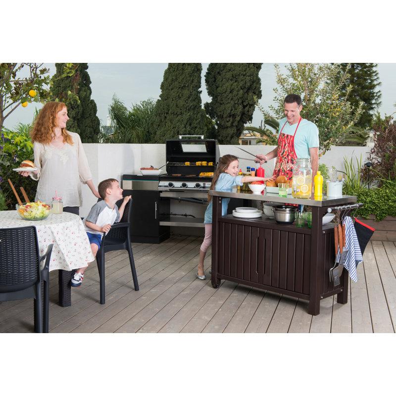 Wayfair Arrilla Bar Cart Portable Outdoor Table Made Of Durable Wood-look Resin And Stainless Steel Countertop Ideal For Kitchen Prep And Grilling