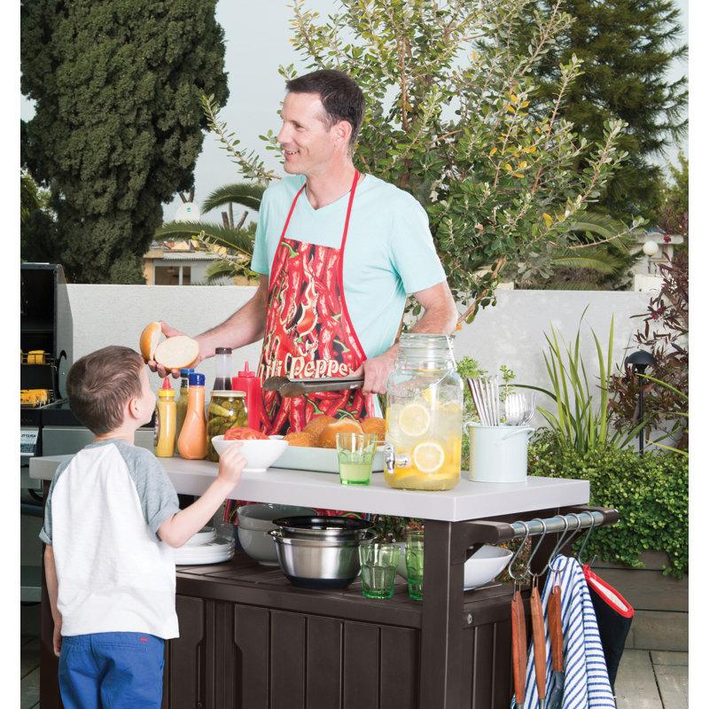 Wayfair Arrilla Bar Cart Portable Outdoor Table Made Of Durable Wood-look Resin And Stainless Steel Countertop Ideal For Kitchen Prep And Grilling