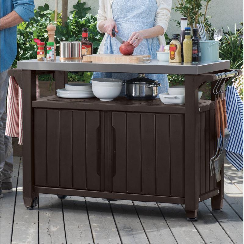 Wayfair Arrilla Bar Cart Portable Outdoor Table Made of Durable Wood-look Resin And Stainless Steel Countertop Ideal For Kitchen Prep and Grilling