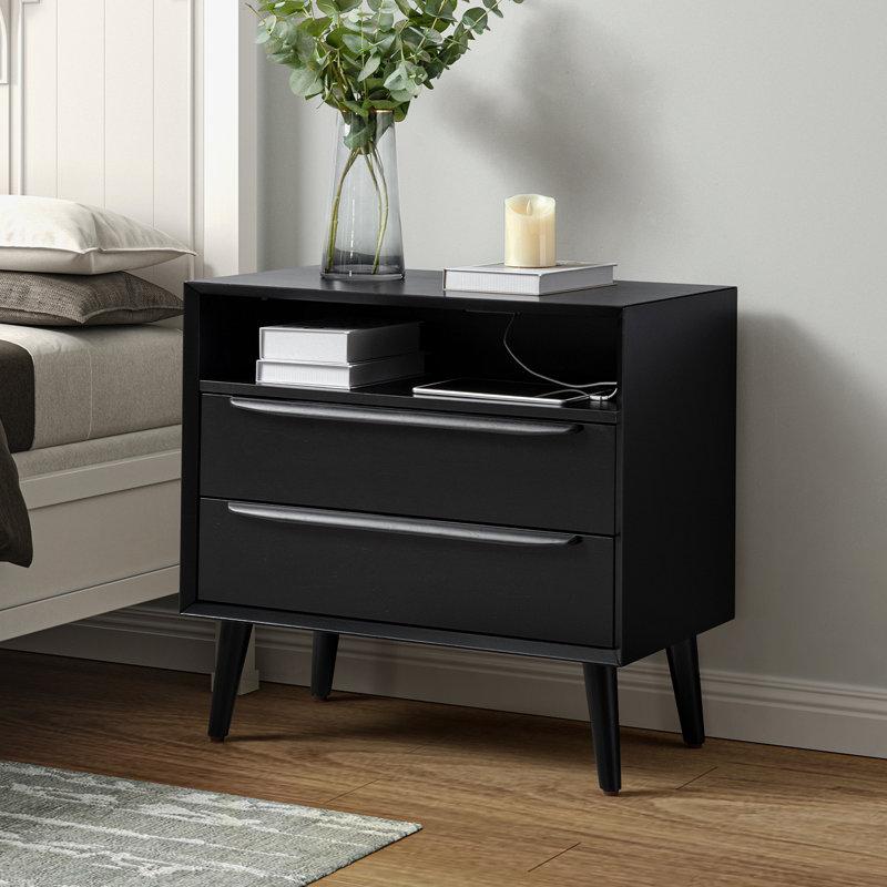 Wayfair Aviannah Midcentury Modern 28''W 2-Drawer Nightstand With Charging Station And Solid Wood Legs And Open Shelf
