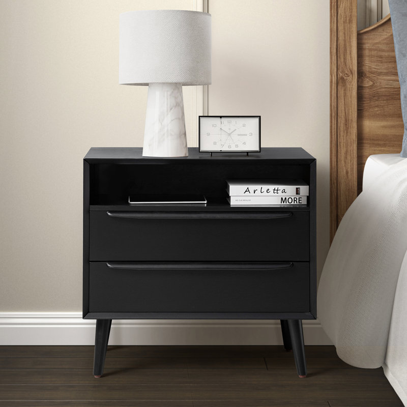 Wayfair Aviannah Midcentury Modern 28''W 2-Drawer Nightstand With Charging Station And Solid Wood Legs And Open Shelf