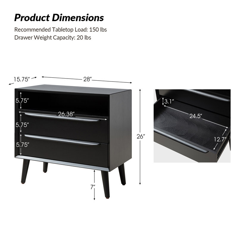 Wayfair Aviannah Midcentury Modern 28''W 2-Drawer Nightstand With Charging Station And Solid Wood Legs And Open Shelf