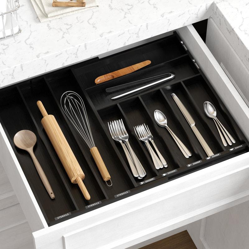 Wayfair Bamboo Silverware Drawer Organizer with Labels – Expandable Kitchen Utensil Tray for Flatware Cutlery Spoons & Knives 10 Slot Drawer Storage Organizer