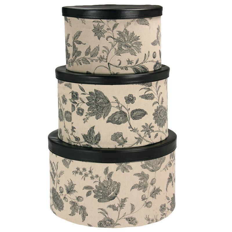 Wayfair Bodo Round Hat Boxes with Lids Vibrant Scallop Print with Faux Leather Lids Poly-Cotton and Non-Woven PP Liner Large Medium and Small Stackable and Nestable