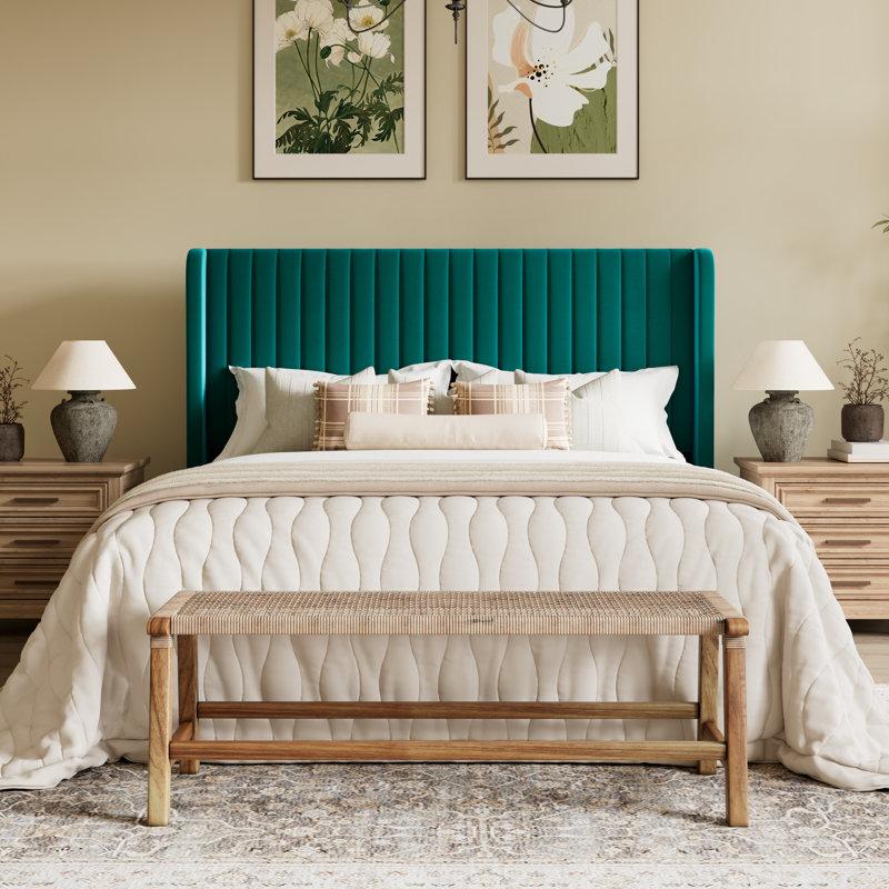 Wayfair Candler Velvet Upholstered Platform Bed With Wingback Headboard And Wooden Slats